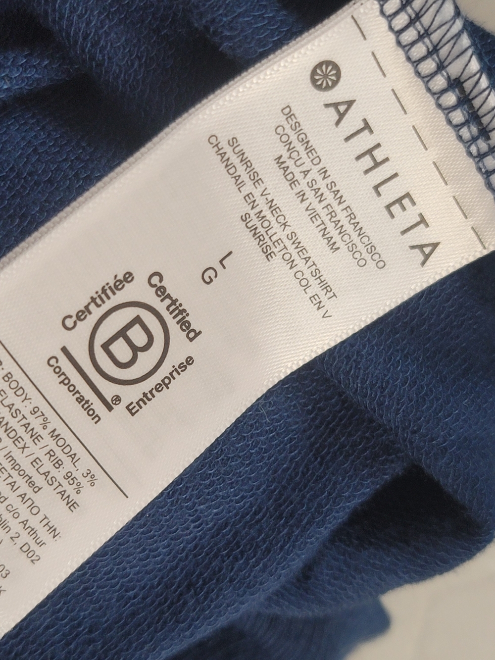 Athleta Large Sunrise V-Neck Sweatshirt Navy Blue Pullover Modal Cozy - Picture 3 of 6